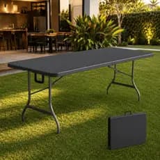 Mesa Dobrável Preta 1,80m Vira Maleta Portátil Plástico Reforçado Alça Camping Churrasco Nakasaki