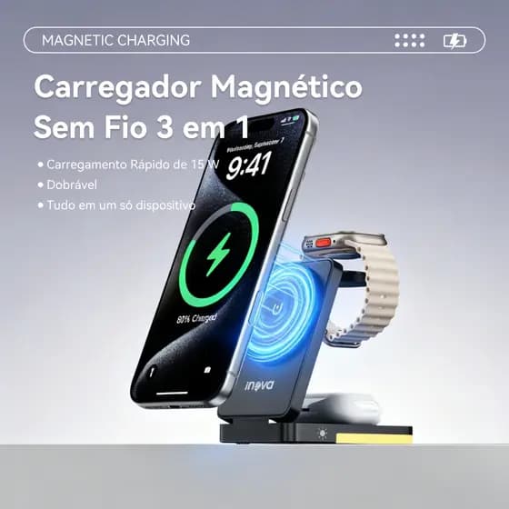 Inova Carregador sem fio 3 Em 1 magnético Suporta carregamento rápido Para Samsung/iOS/Android
