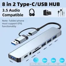 Estação de acoplamento multifuncional 8 em 1 USB-C USB3.0 Transmissão de alta velocidade Laptop HUB HUB Leitor de cartão