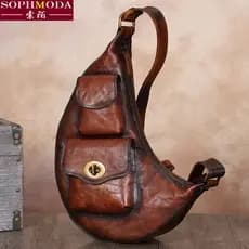 Bolsa retrô masculina de primeira camada de couro artesanal bolsa mensageiro bolsa de peito masculina couro genuíno cour