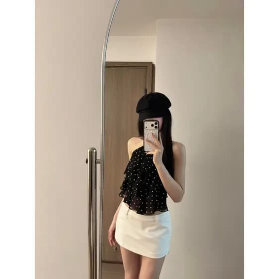 NALYSA Shenzhen High Goods ~ Francês Doce Estilo Preto Polka Dot Halter Neck Babados Camisola Feminina Top de Verão
