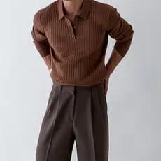 Outono inverno coreano camisa polo lapela camisola masculina de manga comprida luz estilo maduro cor sólida malha camisa