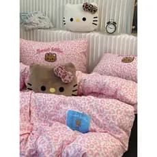 Menina coreana rosa bonito leopardo impressão KT gato toalha bordado lavado algodão conjunto de quatro peças lençol estu