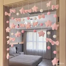 Cortina Divisória com Coração de Menina, Decoração Fofa para Sala de Estar Infantil Sem Perfuração