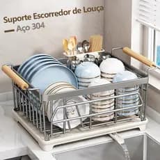 Escorredor de Louça em Aço Inoxidável 304, Cor Branco Leite, Removível com Bandeja Escorredora para Cozinha