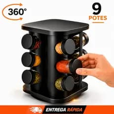 Porta Temperos 9 Potes Vidro Giratório Dosadora com Tampa Profissional para Cozinha Porta Condimentos 360 graus