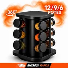 Porta Temperos Giratório 12 9 6 Potes Vidro com Tampa Dosadora Profissional Preto Organizador Condimentos para Cozinha