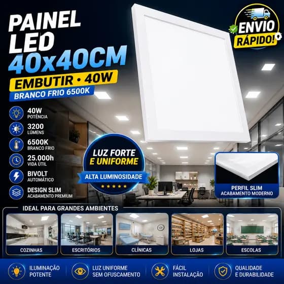 KIT 2 Painel Plafon LED 40x40 Embutir 40W Branco Frio Luminária Teto Gesso Escritório Paylow