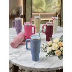 LD Copo Térmico Luxo 1200ml com Strass Brilhante, Tampa Vedada e Canudo de Aço Inoxidável
