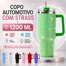 LD Copo Térmico 1200ml de Aço Inoxidável Strass Brilhante Com Tampa e Canudo