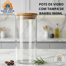 Pote Hermético Premium 860ml Vidro Tampa de Bambu Organizador Cozinha