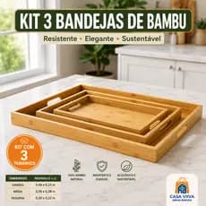 Jogo 3 Bandejas Bambu Premium com Alça — Café da Manhã na Cama, Petisqueira e Decoração | Kit Servir P M G Sustentável