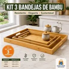 Kit 3 Bandejas de Bambu com Alça Retangular P M G Jogo para Servir Café da Manhã Petisqueira Decorativa Multiuso Mesa