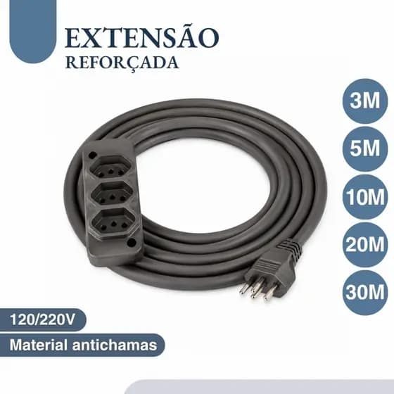 Extensão Elétrica Reforçada Cabo Grosso 5m 10m 20m 30m Uso Doméstico e Profissional