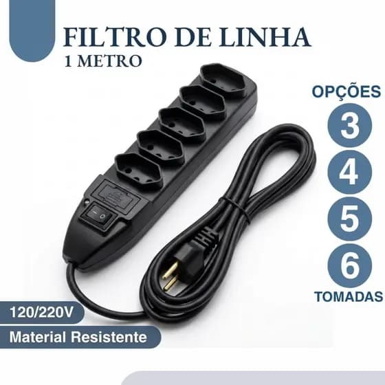 Filtro de Linha 1,00m 120/220V Bivolt Com Chave Liga Desliga até 6 Tomadas