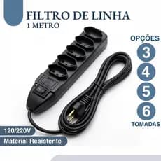 Filtro de Linha 1,00m 120/220V Bivolt Com Chave Liga Desliga até 6 Tomadas