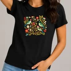 Camiseta Feminina Jardim Encantado Estampa Pássaros Floral 3D T Shirt Casual Academia
