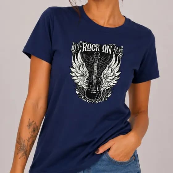 Camiseta Feminina Rock On T Shirt Estampada Guitarra Casual Academia Blusa Feminina