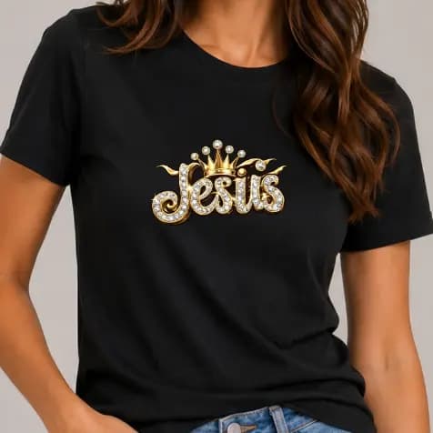 Camiseta Feminina Jesus Rei da Fé Dourado T Shirt Cristã Evangélica Moda Casual Academia