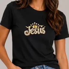 Camiseta Feminina Jesus Rei da Fé Dourado T Shirt Cristã Evangélica Moda Casual Academia