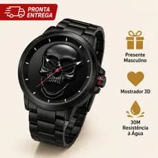 Relógio Masculino Caveira 3D Quartzo Pulseira de Aço Estilo Urbano Fashion 30M à Prova d'Água Presente Masculino