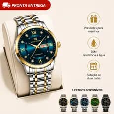Relógio Masculino Social Quartzo Presente para Homem Calendário Duplo Luminoso 30M Aço Inoxidável Fecho Borboleta