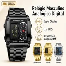 Relógio Masculino Analógico Digital Quadrado com Luz LED 30M Resistente à Água Estilo Executivo Presente Masculino