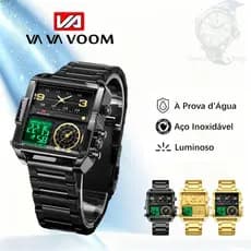 Relógio Masculino Analógico Digital Multifuncional Quadrado LED Cronômetro Alarme Calendário 30M Resistente à Água