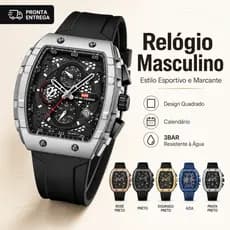 Relógio Masculino Esportivo Quadrado de Pulso Quartzo 3BAR Resistente à Água com Calendário e Pulseira de Silicone