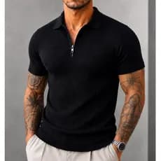 Camisa Polo Italiana Canelada Masculina Premium Slim Manga Curta Gola Zíper Casual Elegante Gola