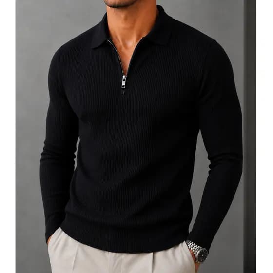 Camisa Polo Manga Longa Masculina Italiana Canelada Zíper Slim Fit Casual Social Elegante Premium