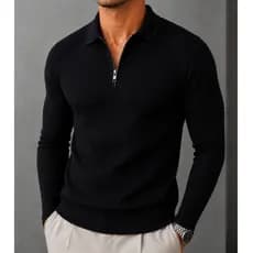 Camisa Polo Manga Longa Masculina Italiana Canelada Zíper Slim Fit Casual Social Elegante Premium