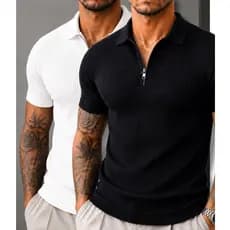 Kit 2 Polo Masculina Canelada Slim Fit Gola Zíper Casual Social Manga Curta Elegante Premium