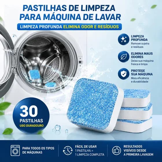 Kit 30 Pastilhas Limpeza Profunda Efervescentes Anti Bactéria Desodorante Máquina de Lavar Roupas