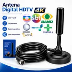 Antena Digital HDTV UHF VHF 4K Interna Externa Cabo 5m Base Magnética TV Aberta Sem Mensalidade Sinal Forte