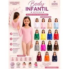 Body Manga Longa Infantil Menina com Gola Redonda e Costas Semi Nua Em suplex Poliamida Premium