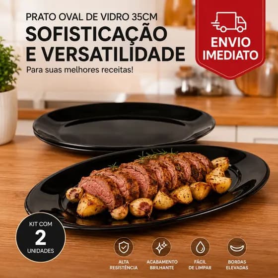 Kit 2 Travessas Ovais de Vidro Preto 35cm Resistente Mesa Posta Conjunto Pratos Ovais Cozinha
