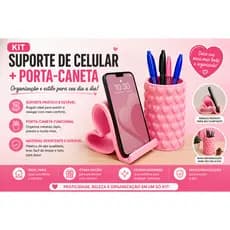 Kit Suporte de Celular Coração e Porta Caneta Organizador de Mesa Decorativo Rosa Presente Criativo