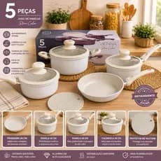 Jogo de Panelas 5 Peças Antiaderente Stone Color com Tampa de Vidro Alumínio Cabos Soft Touch Para Fogão a Gás Elétrico