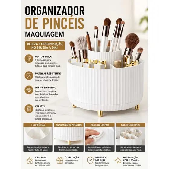 Organizador de Maquiagem Giratório Porta Pincéis 360° Multifuncional Porta maquiagem