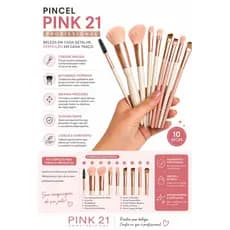 Kit 10 Pincéis de Maquiagem Profissional Pink 21 | Base Pó Blush Contorno Sombra Esfumar ✨