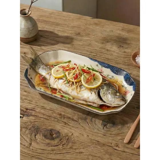 Japonês Retro 12 Polegada prato de peixe de cerâmica doméstico pintado à mão longo prato de peixe cozido no vapor Underg