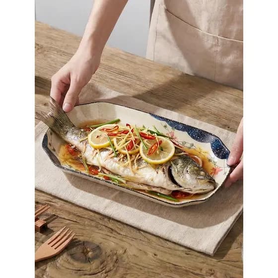 Prato de peixe de cerâmica chinesa de 12 polegadas, cor Underglaze doméstica, prato de peixe cozido no vapor, resistente