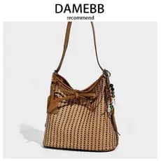 DAMEBB Lazy Feel Simples Oco Férias Praia Bolsa de Palha Feminina 2026 Verão Novo Estilo Sacola de Grande Capacidade