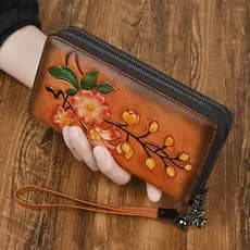 Vegetal curtido primeira camada de couro Retro carteira feminina longo zíper couro genuíno saco embreagem feminino artes