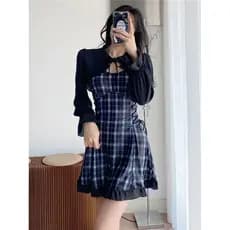 Menina japonesa xadrez maiô feminino cintura alta conservador estudante capa barriga carne mais magro olhar primavera qu