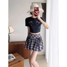 Meninas conservador Split maiô feminino capa barriga mais magro olhar arco de manga curta saia xadrez estilo primavera q