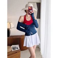 2026 novo estilo maiô feminino de três peças estilo esportivo Halter colete blusa de manga comprida saia estilo cobrindo