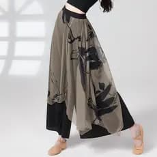 Novo estilo chinês estilo chinês costura respirável calças de perna larga Culottes Multi-peça cor Irregular calças elást