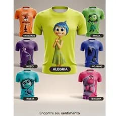 Camiseta Divertidamente Unissex Disney Pixar Camisa 100% Algodão Estampada Personagens Alegria Tristeza Raiva